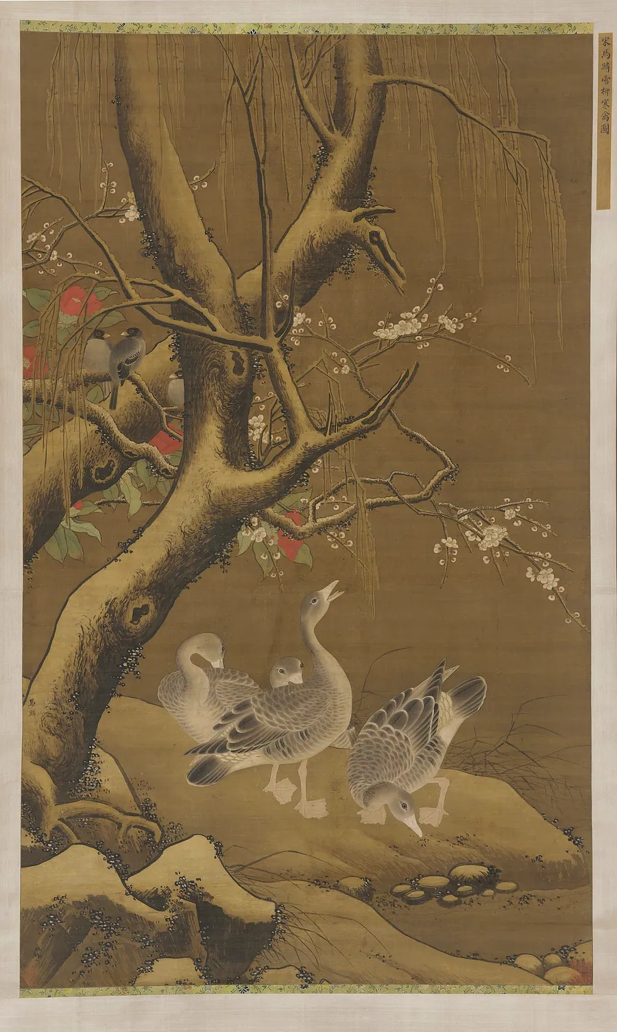 A group of geese under snow-covered willow and blossoming trees by Formerly attributed to Ma Lin (active early to mid-13th century)