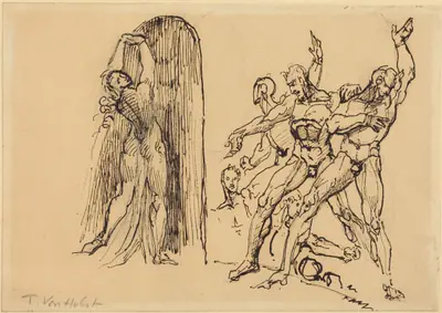 Five Male Nudes Gesticulating as a Nude Woman Enters a Portal