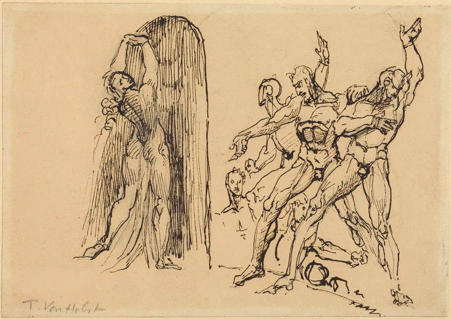 Five Male Nudes Gesticulating as a Nude Woman Enters a Portal by Theodore M. von Holst