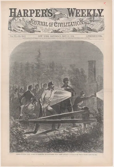 Rebels Outside Their Works at Yorktown, Reconnoitring [sic] with Dark Lanterns (from "Harper's Weekly," Vol. VI)