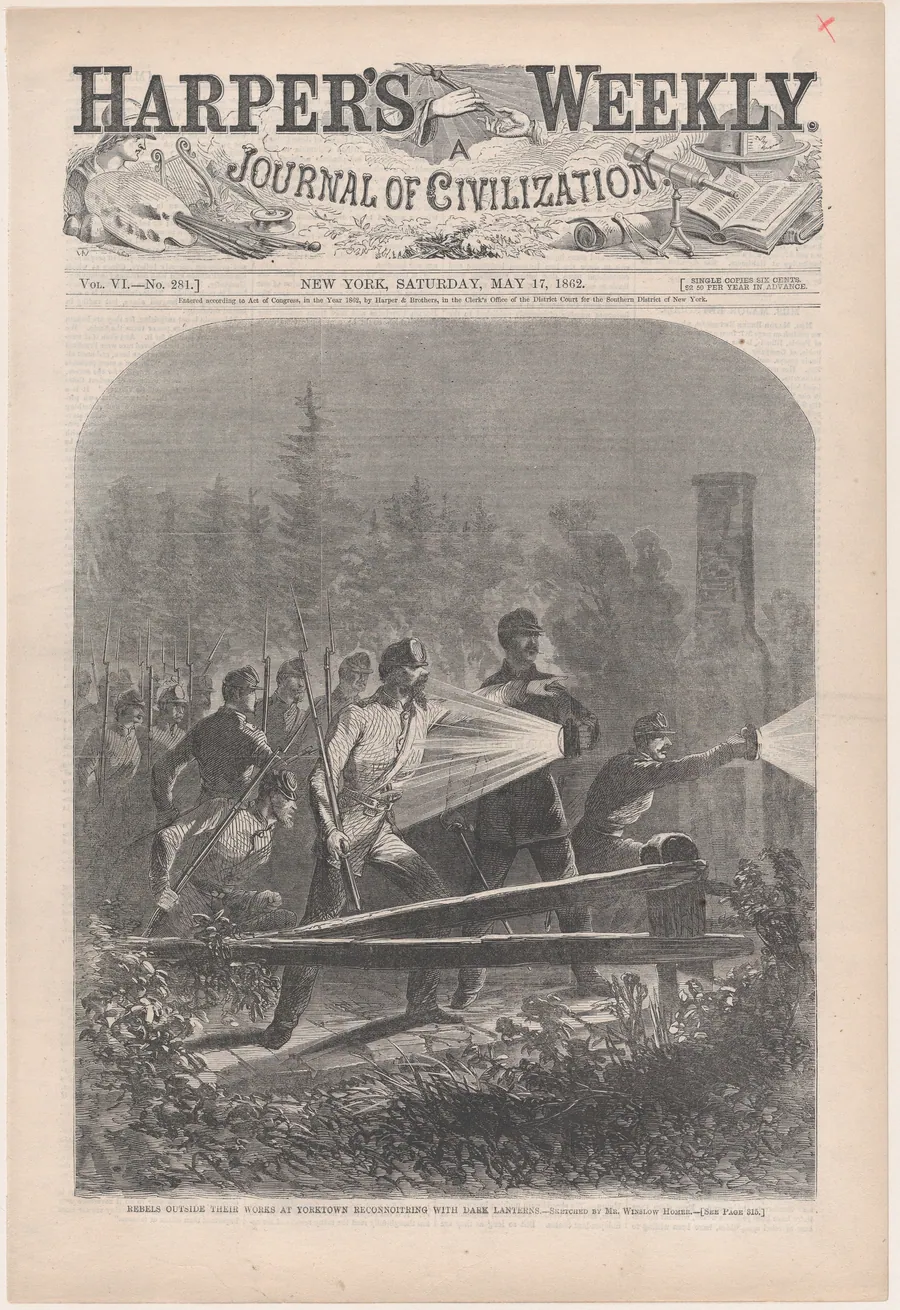 Rebels Outside Their Works at Yorktown, Reconnoitring [sic] with Dark Lanterns (from "Harper's Weekly," Vol. VI) by Winslow Homer