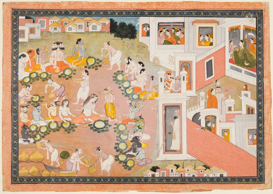 Feast where Vishnu decides he will incarnate as King Dasharatha’s sons, from Chapters 14–15 of the "Bala Kanda" (Book of Childhood) of a Ramayana (Rama’s Journey)