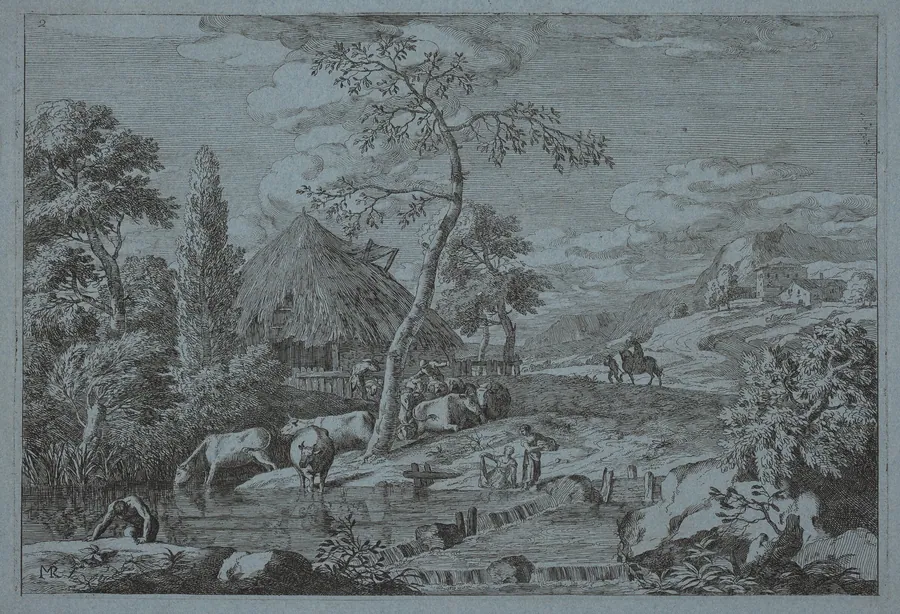 Cattle and Figures at a Farmyard Stream by Marco Ricci