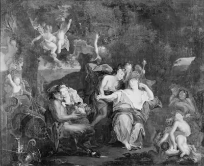 Bacchus og Ariadne sidder sammen i et landskab omgivne af amoriner, bacchantinder og satyrer