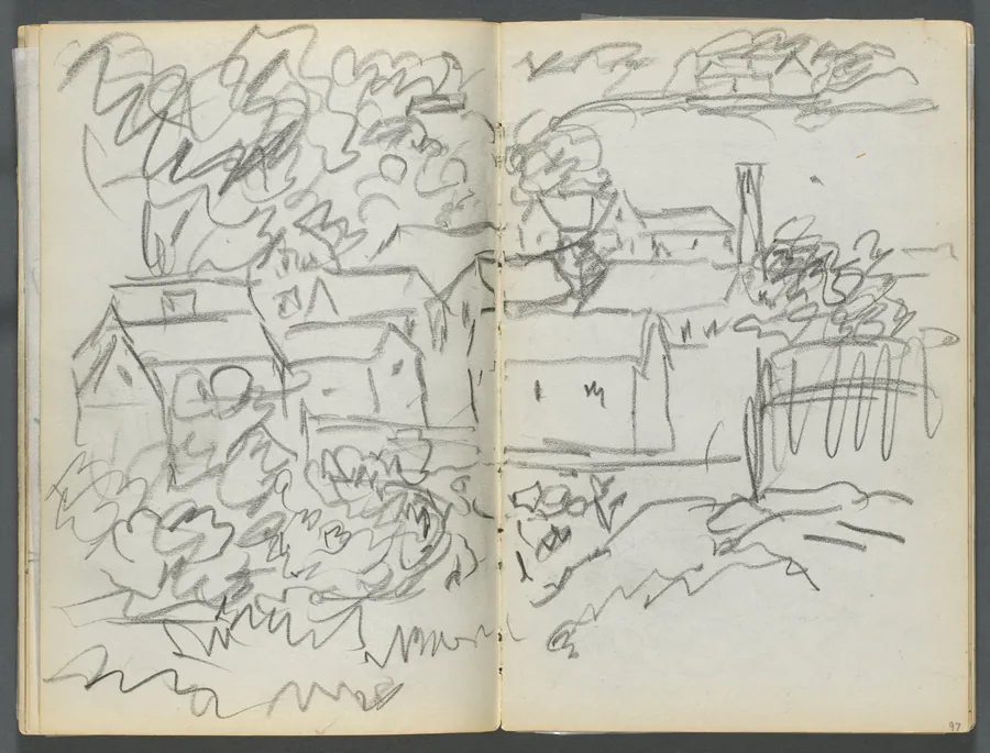 Sketchbook, The Dells, N° 127, page 096 & 97: Landscape with Houses by Maurice Prendergast