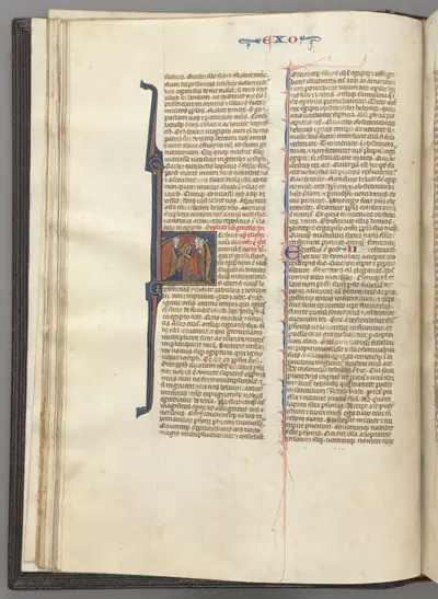 Fol. 20v, Exodus, historiated initial H, Moses and two followers with the tablets of the law