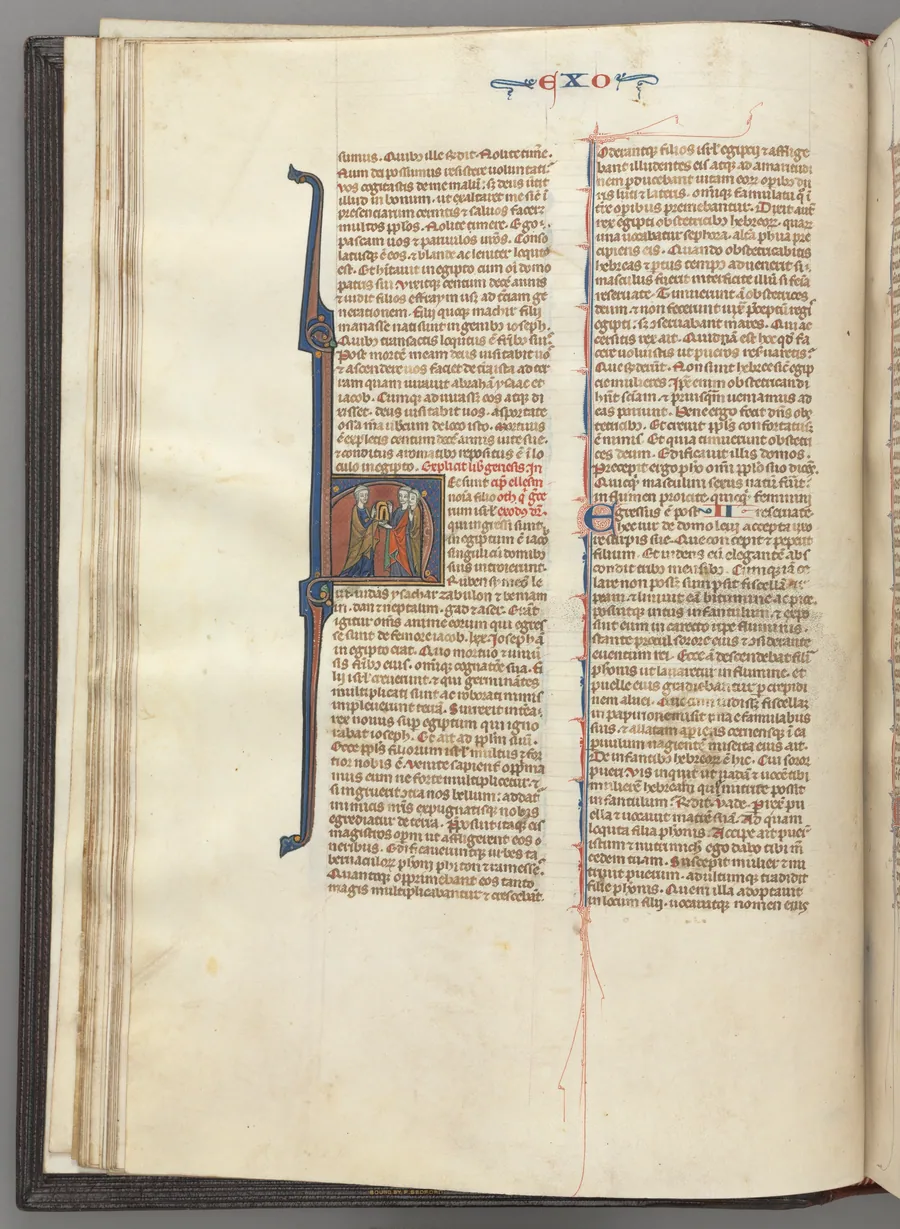 Fol. 20v, Exodus, historiated initial H, Moses and two followers with the tablets of the law