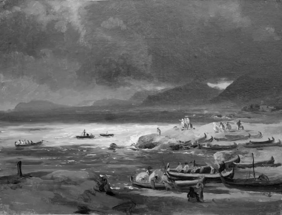 Kystparti med både på stranden. Optrækkende uvejr. Dalmatien by Louis Gurlitt
