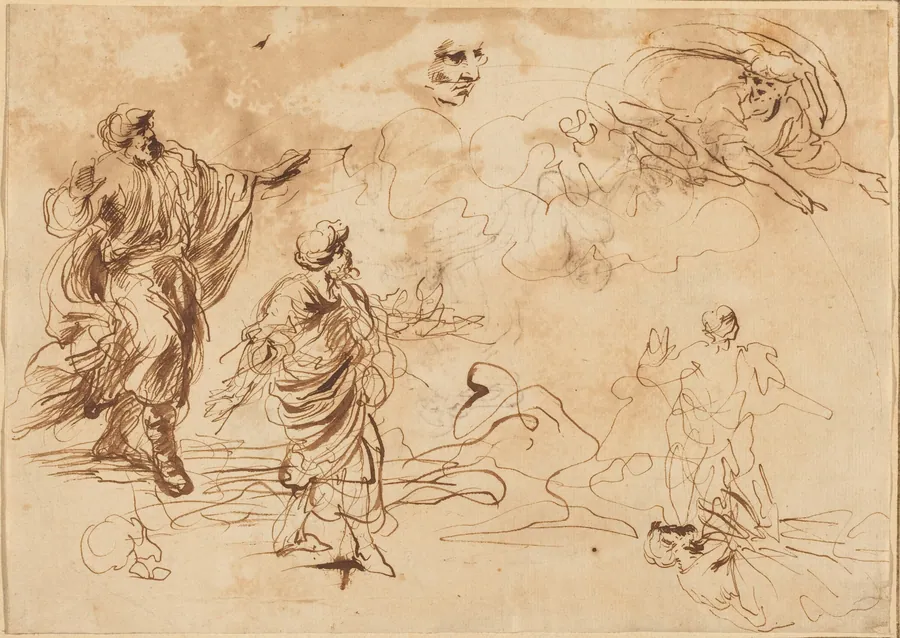 Studies for a Biblical Scene with God the Father Appearing to a Bearded Male Figure by Roman 17th Century