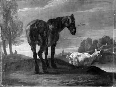 Et landskab med en hest og en ged