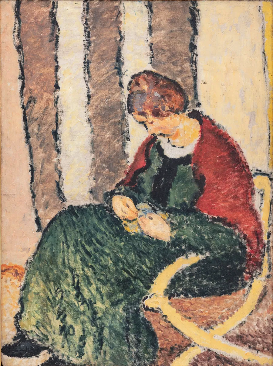 Dame med rødt shawl. Anna Giersing, kunstnerens søster by Harald Giersing