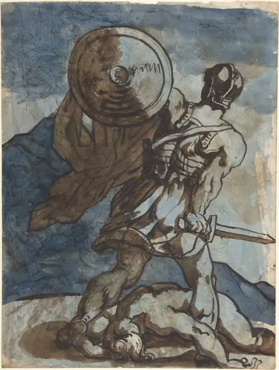 Venus and Cupid in a Landscape, after Annibale Carracci (recto); A Warrior Holding a Shield and Sword, Seen from the Back (verso)