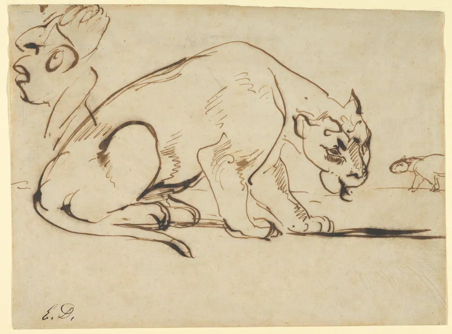 A Lioness and a Caricature of Ingres by Eugène Delacroix