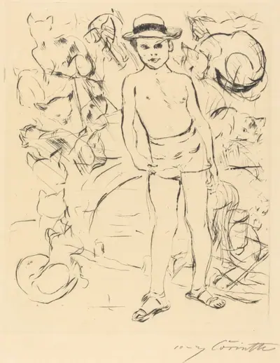 Knabe mit Badehose und Strohhut (Boy Wearing Bathing-Trunks and Straw Hat)
