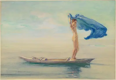 Girl in Bow of Canoe Spreading Out Her Loin-Cloth for a Sail, Samoa