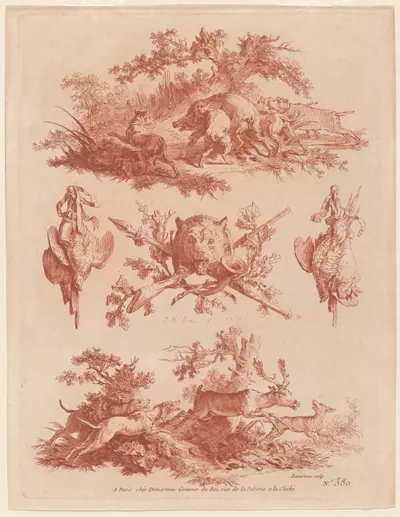 Hunting Trophies and Vignettes with Dogs Chasing a Boar and a Stag