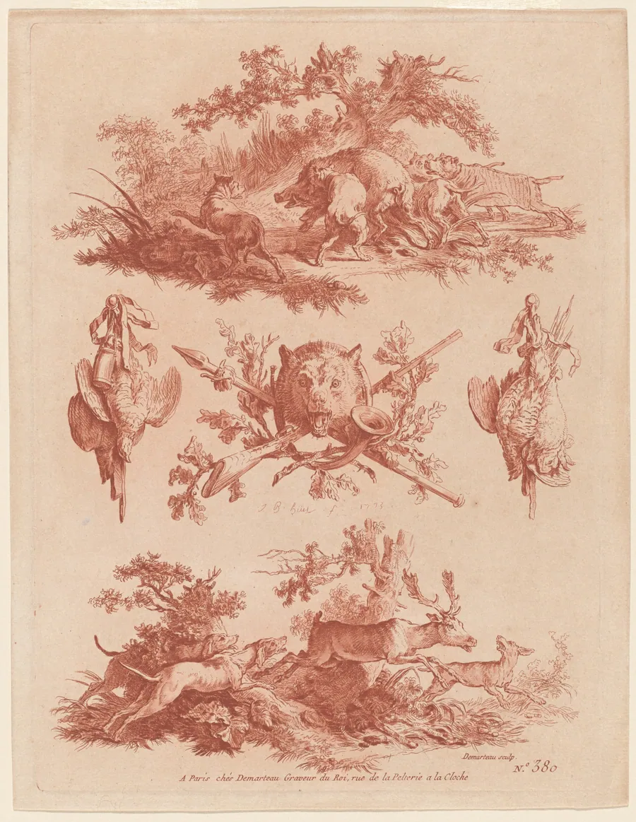 Hunting Trophies and Vignettes with Dogs Chasing a Boar and a Stag by Jean-Baptiste Hüet