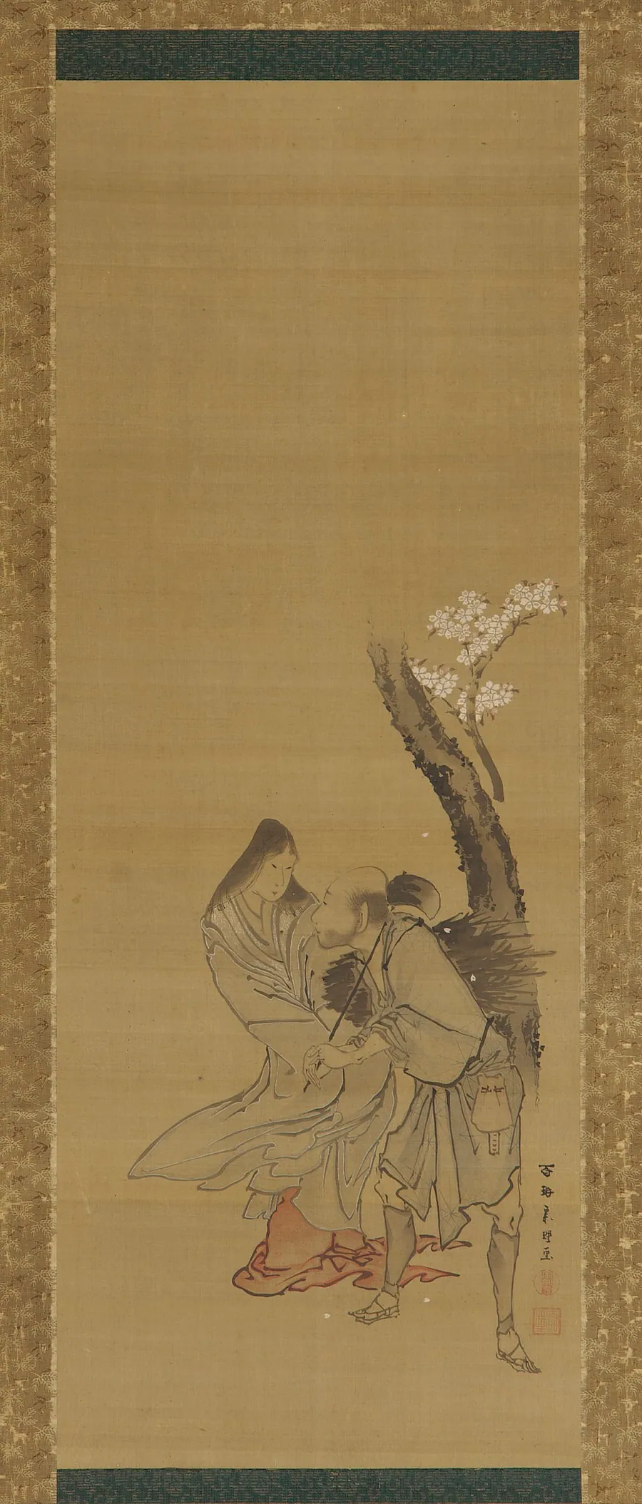 A woman and a wood gatherer under a cherry tree by Tawaraya Sori III (fl. ca. late 18th-early 19th century)