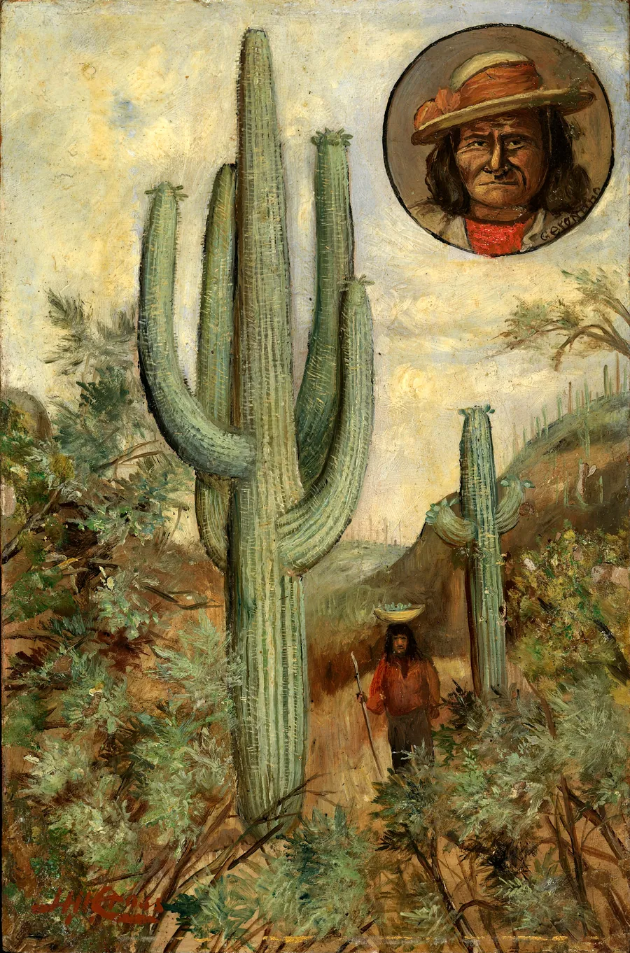 Cactus Landscape with Portrait of Geronimo by Henry H. Cross, born Flemingville, NY 1837-Chicago, IL 1918