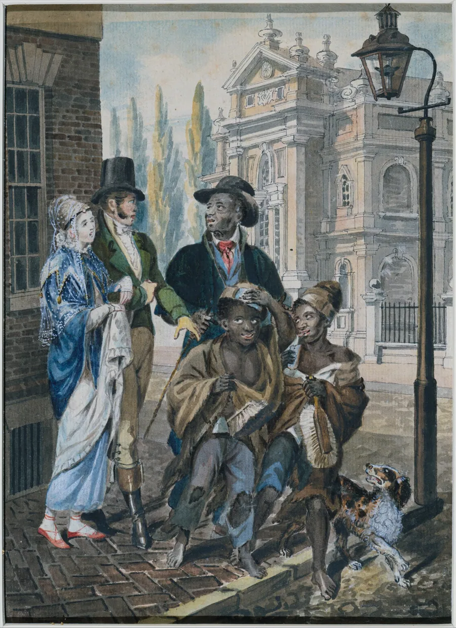 "Worldly Folk" Questioning Chimney Sweeps and Their Master before Christ Church, Philadelphia by John Lewis Krimmel