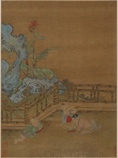 Three children playing on a garden terrace