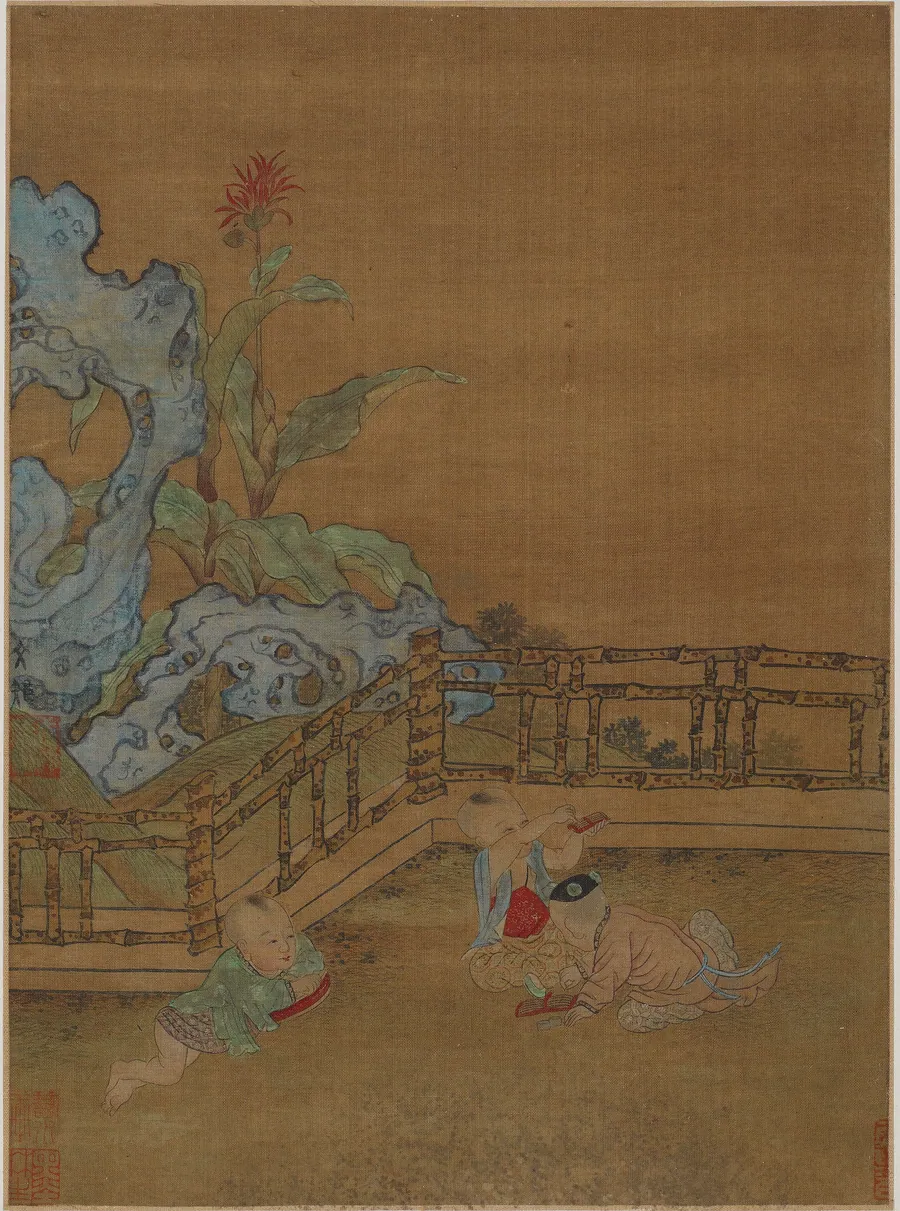 Three children playing on a garden terrace by Formerly attributed to Zhou Wenju (傳)周文矩 (active mid-10th century)
