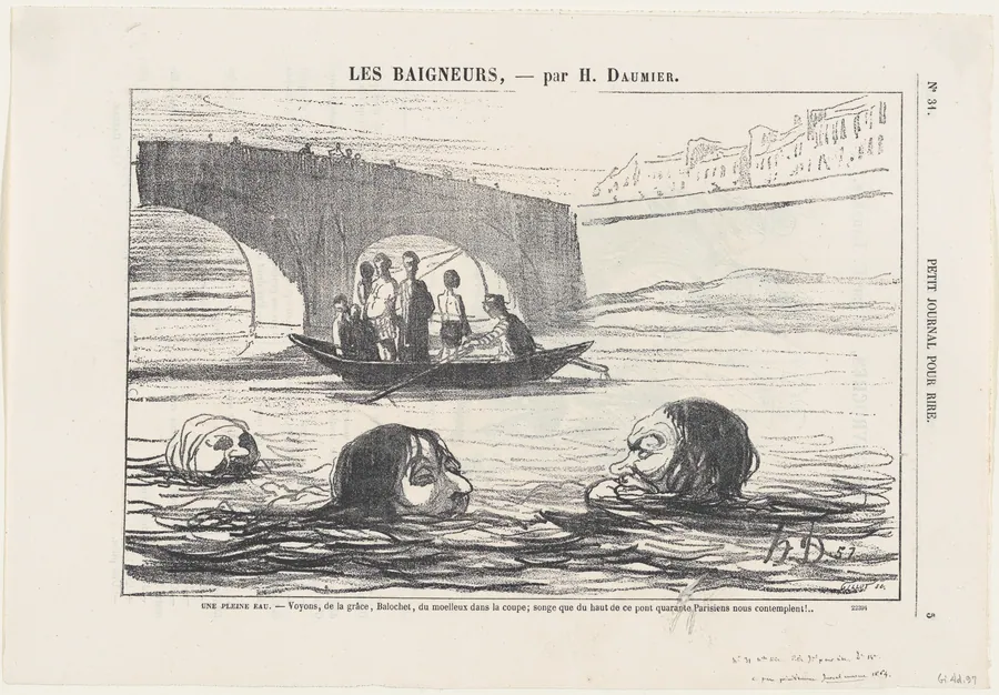 In the middle of the river: Come on, Balochet, give it a push!... You mustn't forget that some forty Parisians are watching us from the bridge up there!, from 'The bathers,' published in Le Petit Journal pour Rire, July 30, 1864 by Honoré Daumier
