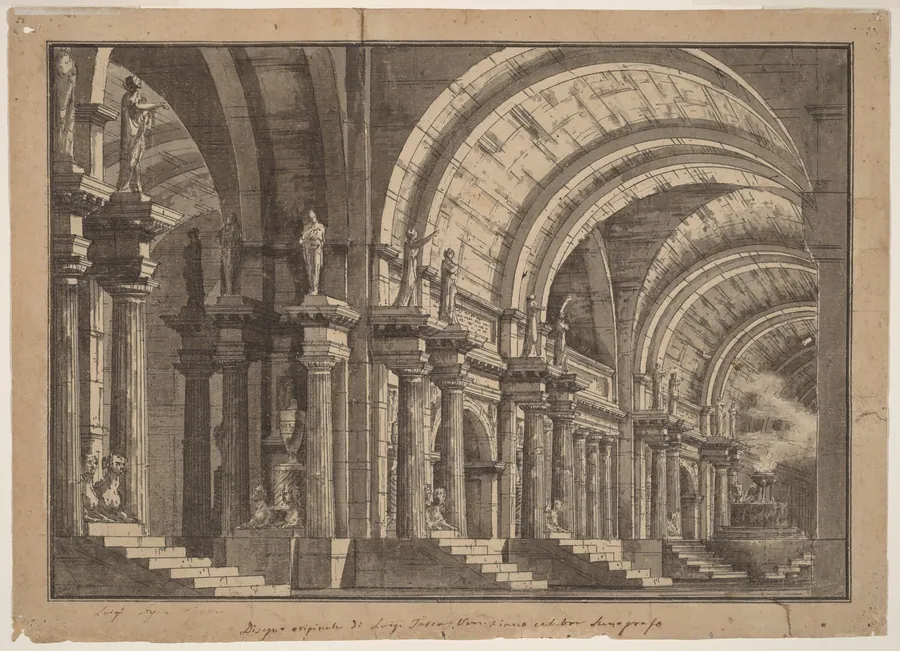 A Monumental Vaulted Hall with a Smoking Altar by Luigi Tasca