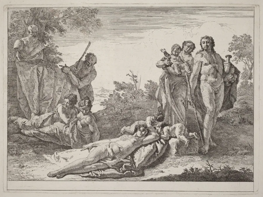 Apollo and Nymphs in a Landscape with a Bust of Pan by Francesco Fontebasso