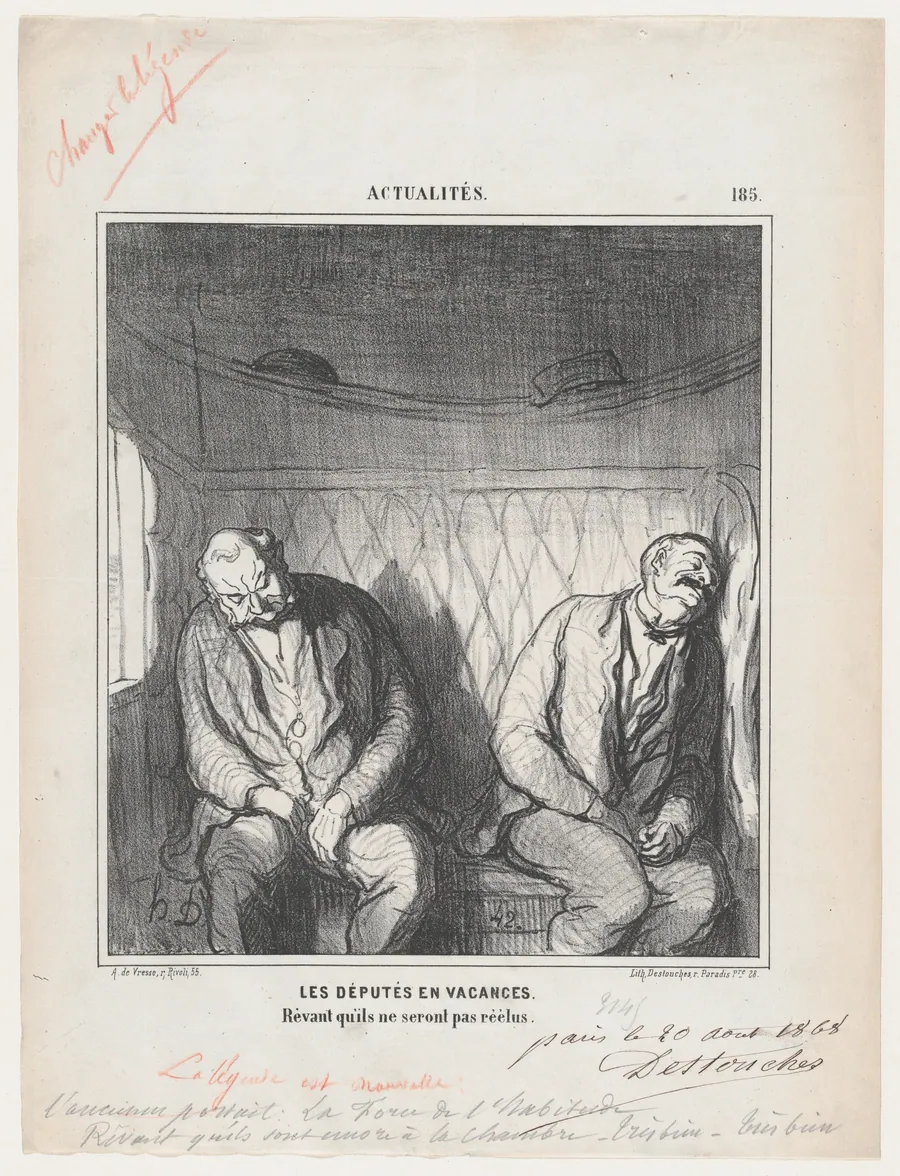 The deputies on leave. Dreaming that they will not be re-elected, from 'News of the day,' published in Le Charivari, September 9, 1868 by Honoré Daumier