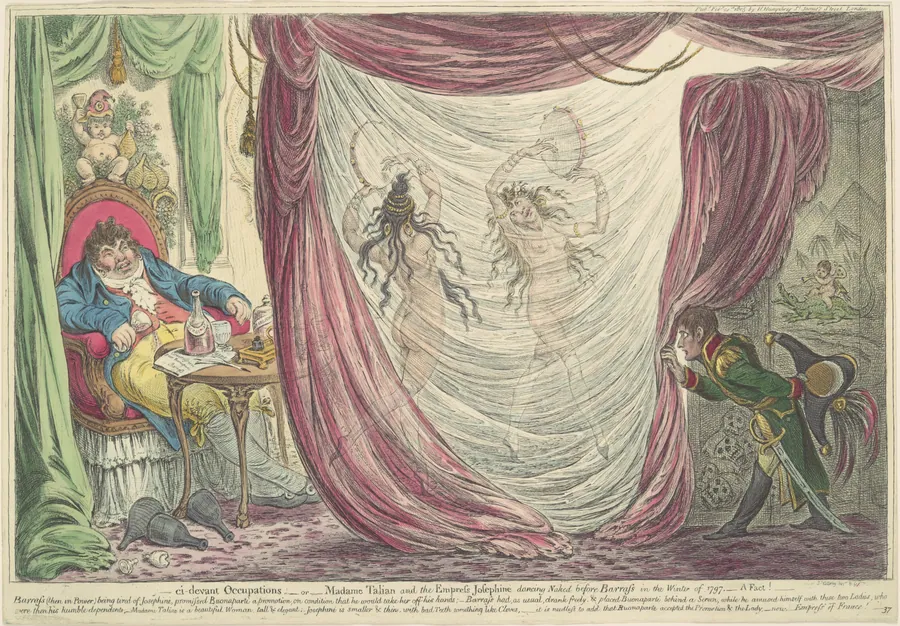 Ci-devant Occupations; or, Madame Talian and the Empress Josephine Dancing Naked before Barrass in the Winter of 1797. - A Fact! by James Gillray