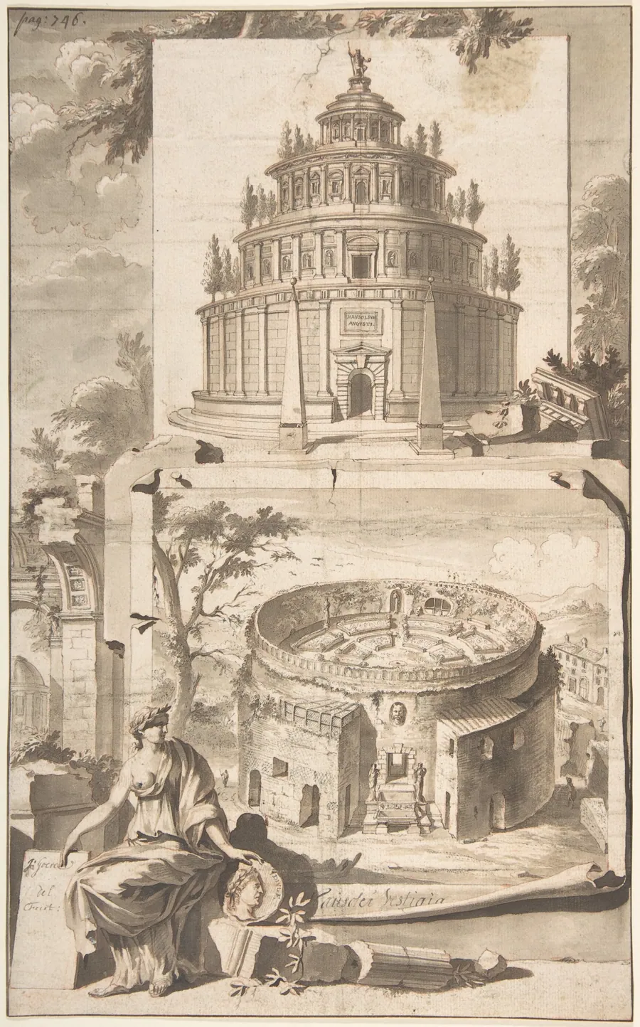 A Reconstruction of the Mausoleum of Augustus (above) and a View of the Ruins (below) by Jan Goeree