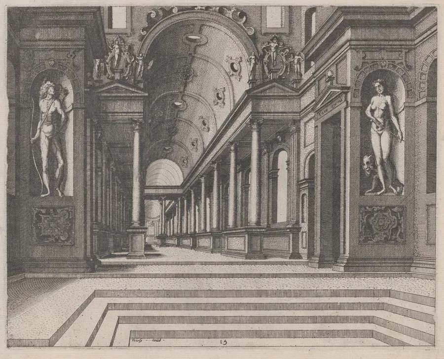 View in a Church with Corinthian Columns and Statues of Apollo, Melpomene, and Moses by Lucas van Doetechum