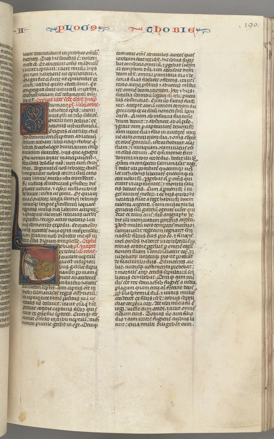 Fol. 190r,Tobit, historiated initial T, Tobit sleeping on a bed