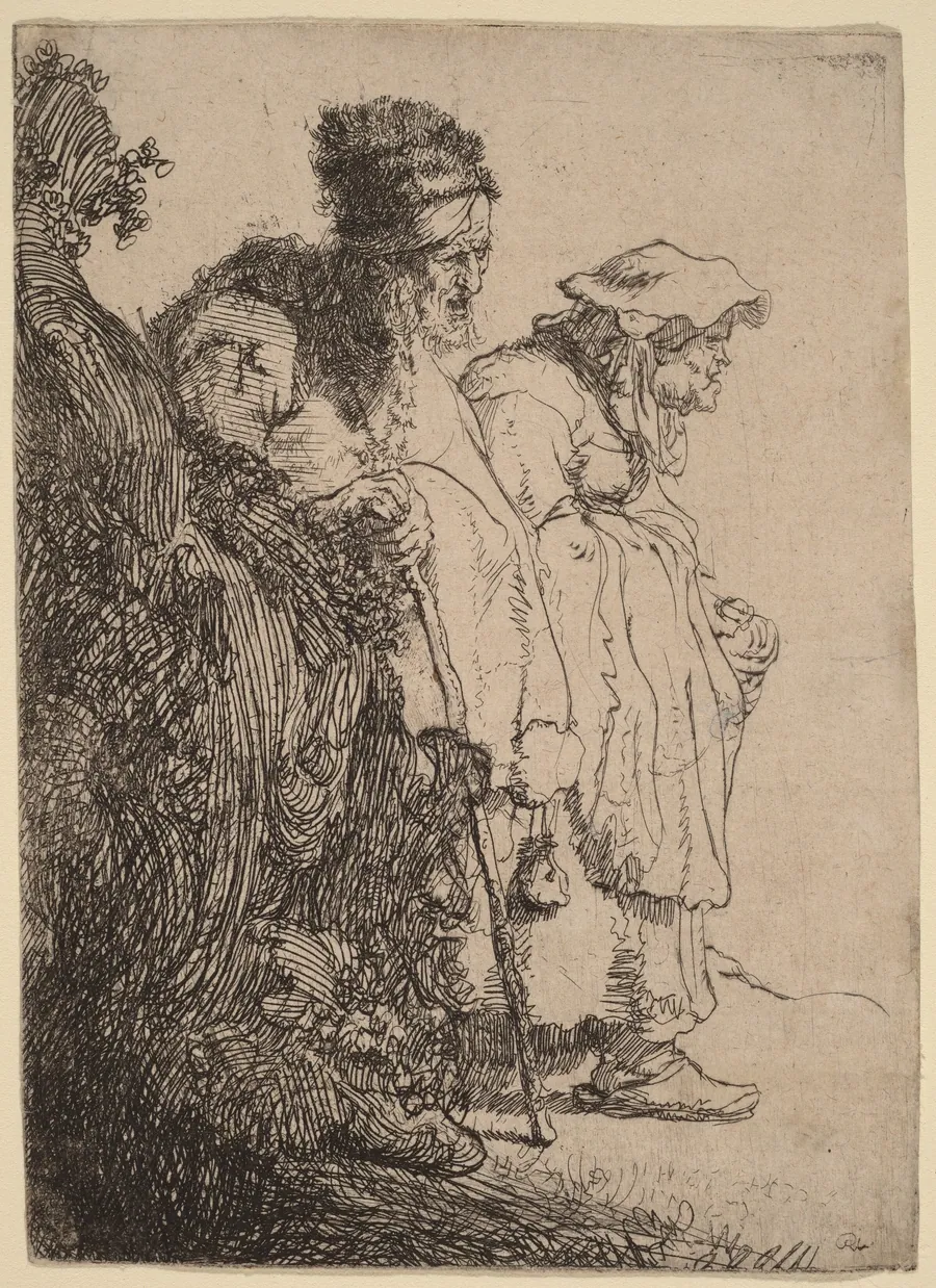Beggar Man and Woman behind a Bank by Rembrandt van Rijn