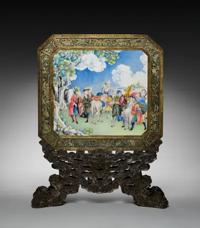 Screen with European Figures (obverse) and Landscape (reverse) with Stand