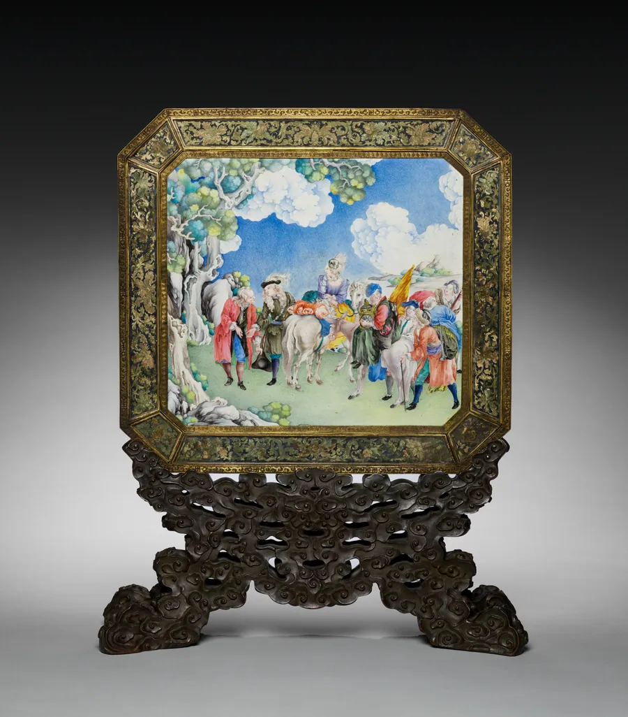 Screen with European Figures (obverse) and Landscape (reverse) with Stand