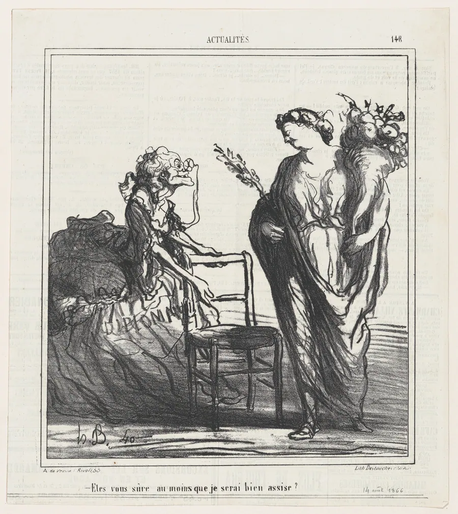Are you sure at least that I will be comfortable?, from 'News of the day,' published in Le Charivari, August 14, 1866 by Arnaud de Vresse