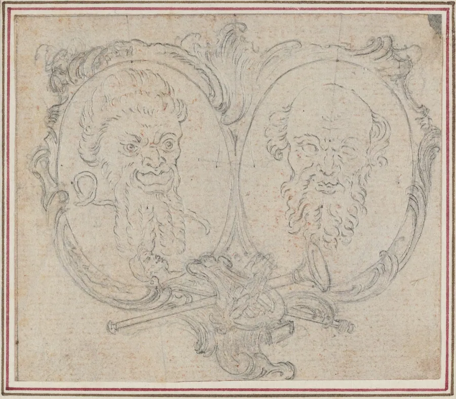 Double Cartouche with Two Heads and Symbols of Fame and Folly by Hubert François Gravelot
