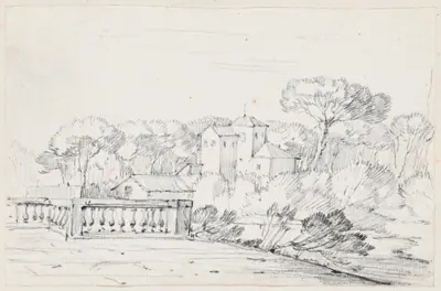 Terrace by a River with a Villa and Trees Beyond