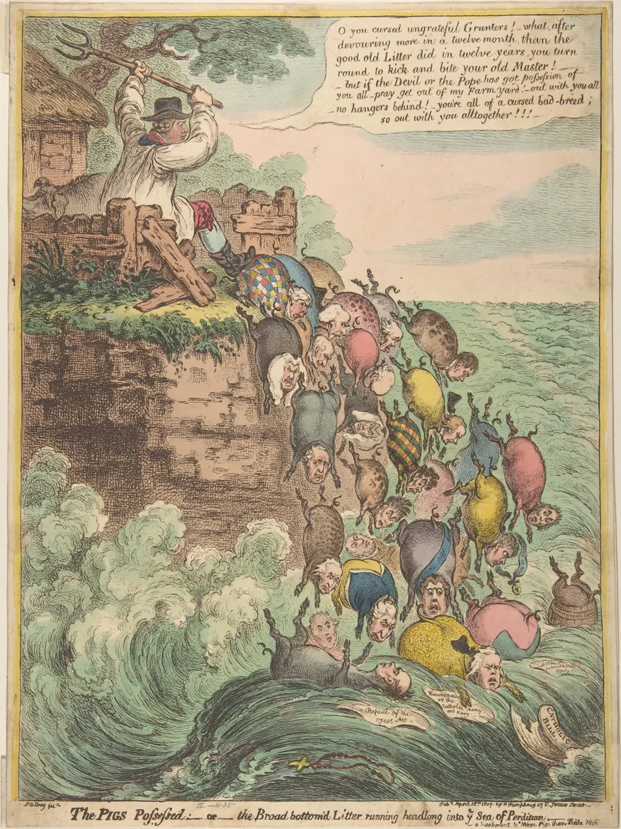 The Pigs Possessed:–or–the Broad Bottom'd Litter Running Headlong into Ye Sea of Perdition by James Gillray