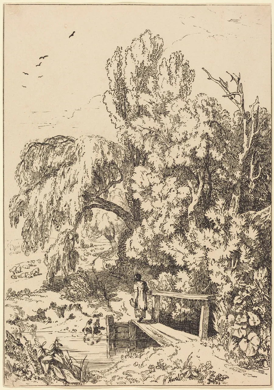 Landscape with Trees, Girl Crossing Footbridge by William Havell