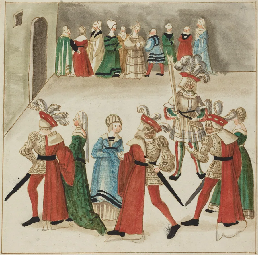 Three Men in Red Capes Dancing with Their Partners by German 16th Century