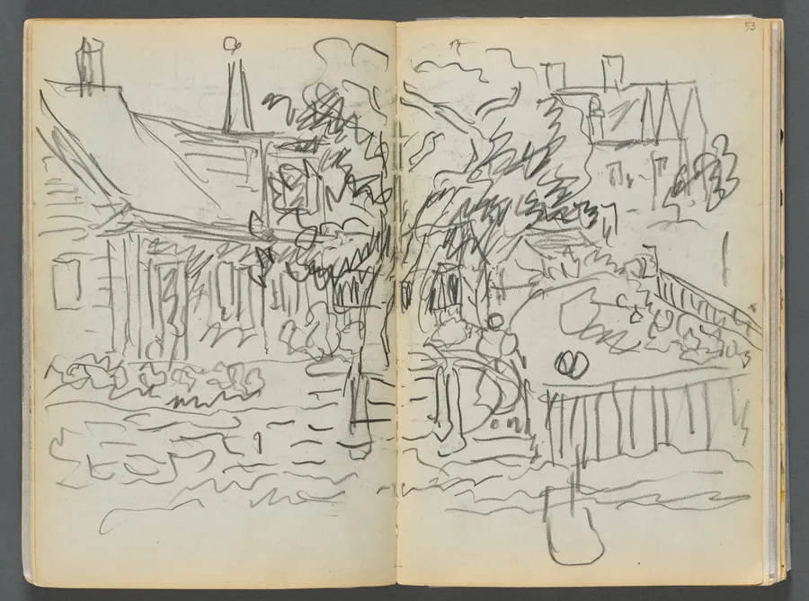 Sketchbook- The Granite Shore Hotel, Rockport, page 052 & 53: Houses and Gardens by Maurice Prendergast