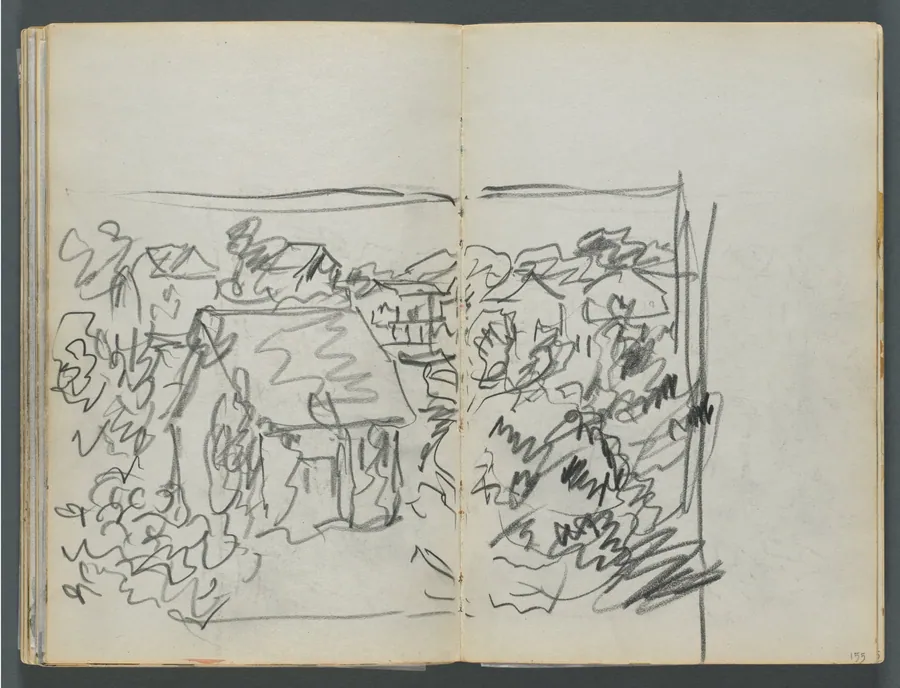 Sketchbook, The Dells, N° 127, page 154 & 155: Landscape with Houses by Maurice Prendergast