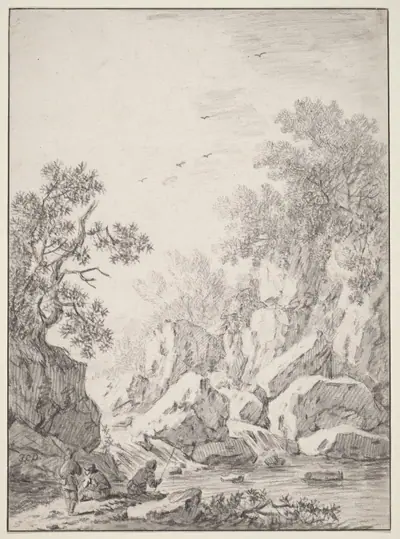 A Waterfall by Rock Cliffs