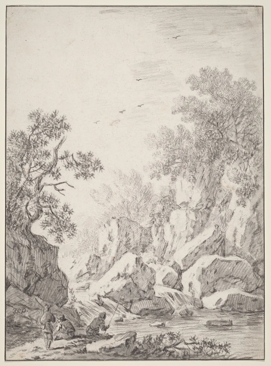A Waterfall by Rock Cliffs by Johann Christoph Dietzsch