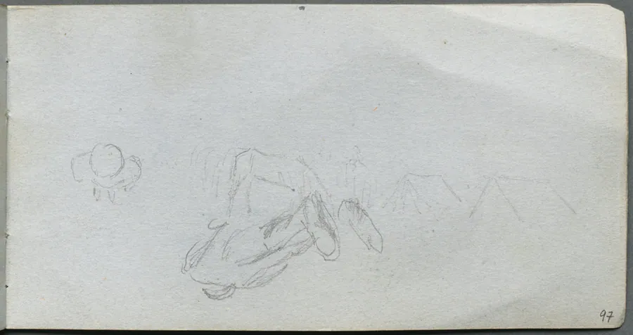 Sketchbook, page 97: Study of Figures, Buildings by Ernest Meissonier