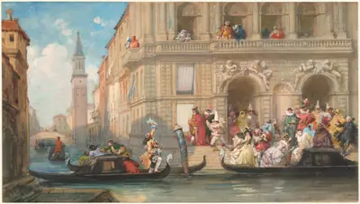 Masqueraders Boarding Gondolas before a Venetian Palazzo