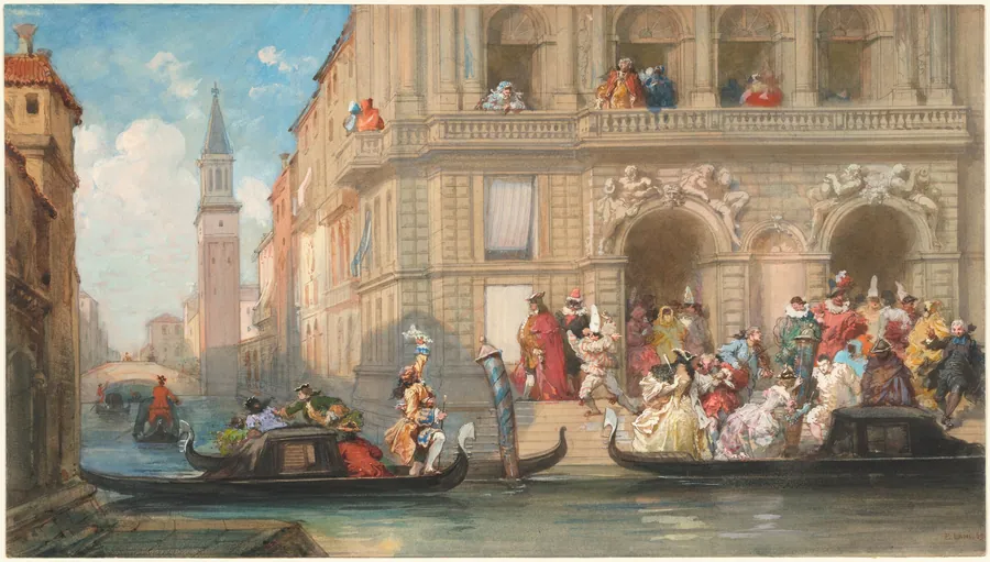 Masqueraders Boarding Gondolas before a Venetian Palazzo by Eugène Louis Lami